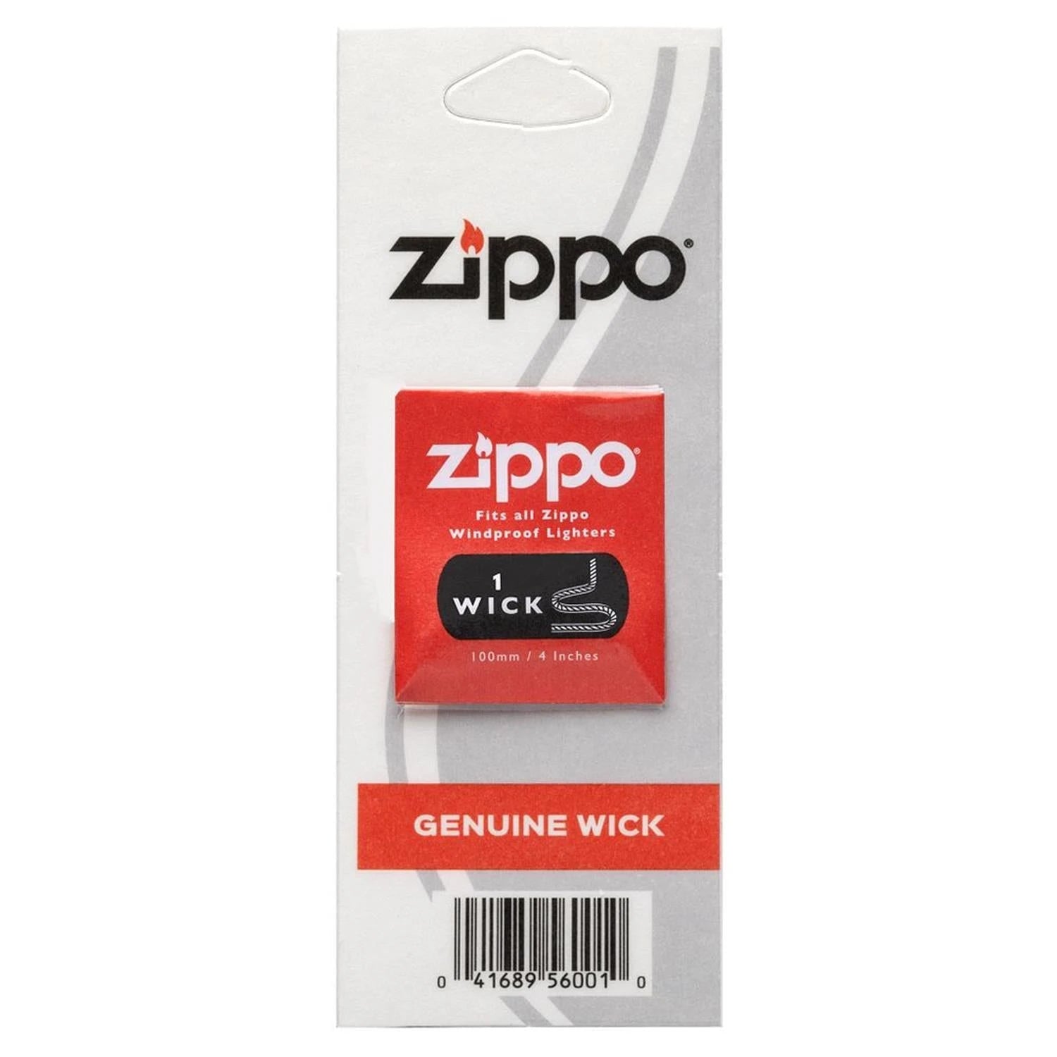 Zippo Genuine Wick Ersatzdocht, rote Einzelverpackung auf weißer Hängekarte, 1 Docht 100mm, passend für alle Zippo Windproof Feuerzeuge, weißer Hintergrund